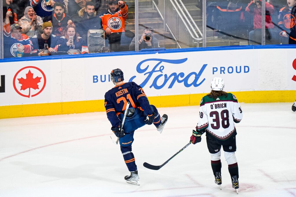 Klim Kostin of the Edmonton Oilers celebrates his goal with Darnell News  Photo - Getty Images