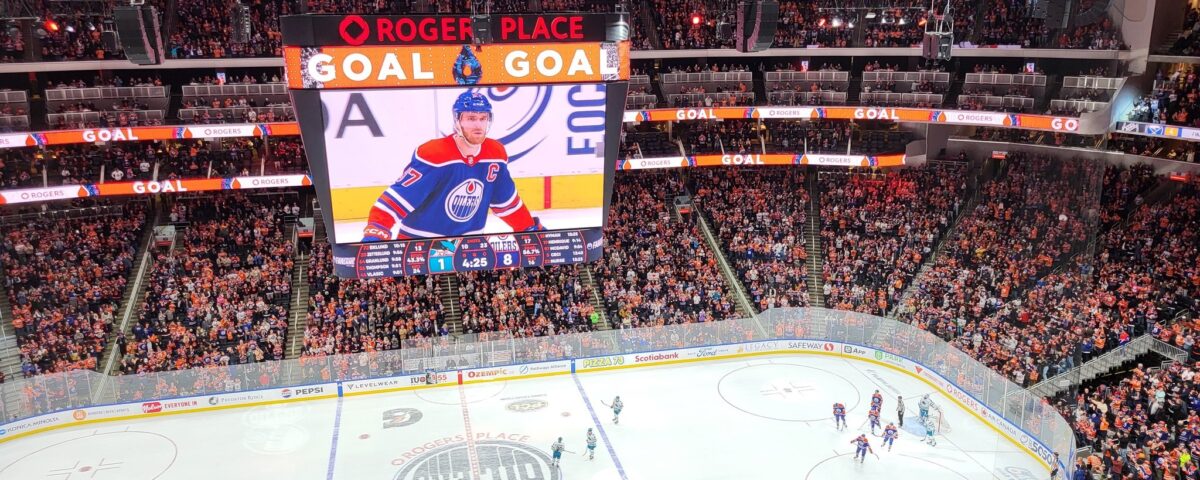Connor McDavid records his 100th assist of the season against the San Jose Sharks at Rogers Place on April 15 2024 in Edmonton Alberta