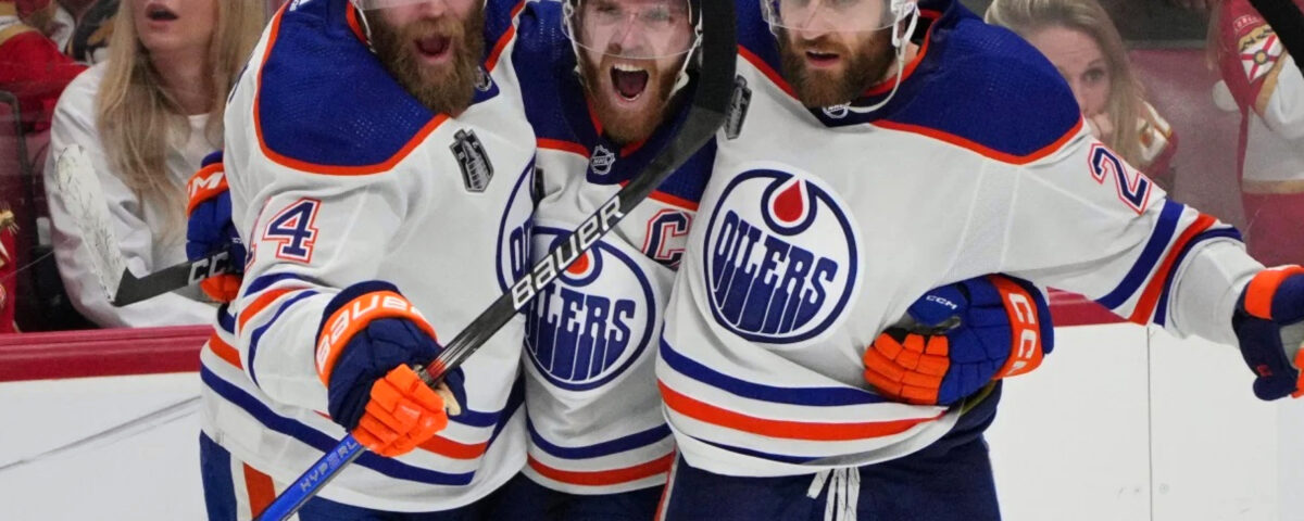 Mattias Ekholm Connor McDavid and Leon Draisaitl during Game 5 of the 2024 Stanley Cup Final