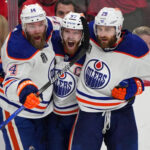 Mattias Ekholm Connor McDavid and Leon Draisaitl during Game 5 of the 2024 Stanley Cup Final