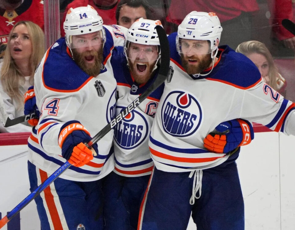 Mattias Ekholm Connor McDavid and Leon Draisaitl during Game 5 of the 2024 Stanley Cup Final